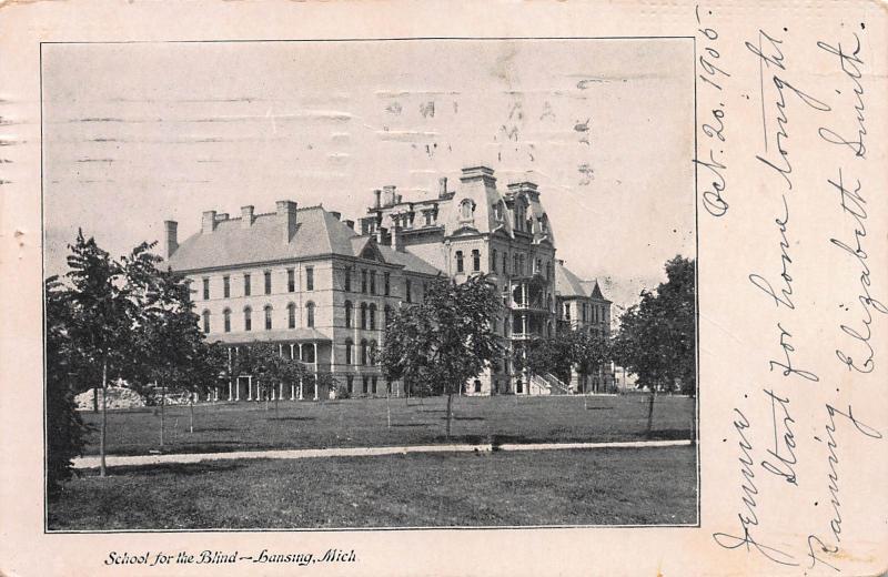 School For The Blind, Lansing, Michigan, Early Postcard, Used in 1905