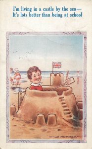 funny Postcard comic seaside series children types sand castle drawing 