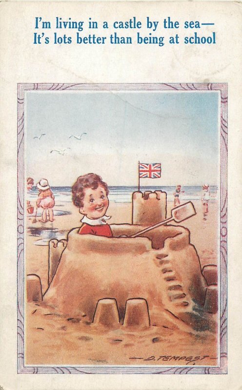 funny Postcard comic seaside series children types sand castle drawing 