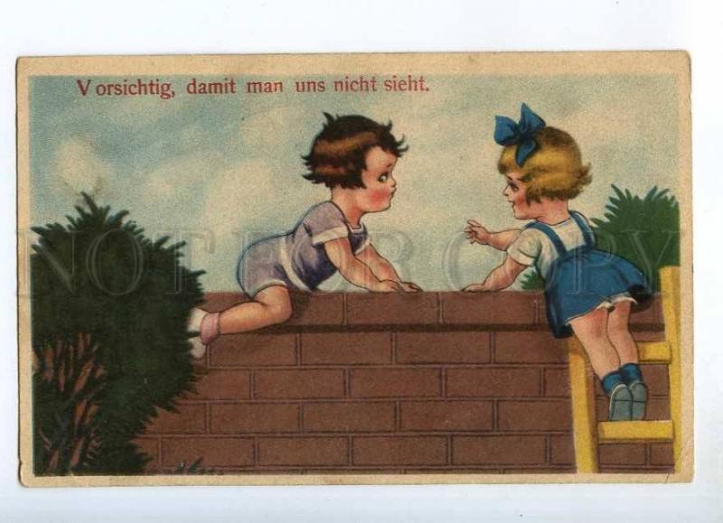 240883 ART DECO Kids Girl on Fence Vintage COMIC postcard