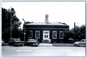 Rockwell City Iowa IA Postcard RPPC Photo Post Office Building Cars Scene Street