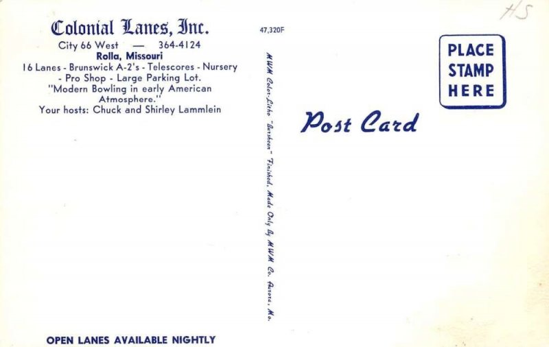 Rolla Missouri Colonial Lanes Bowling Alley Vintage Postcard AA109588