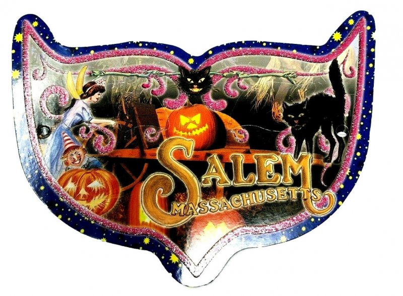 Salem MA Halloween postcard mask JOL black cats fairy goblins glitter