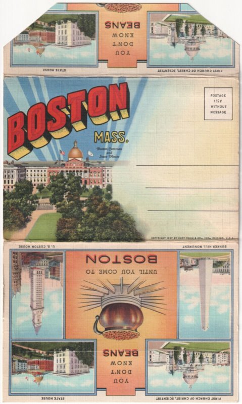 Boston, Massachusetts, Vintage 1937 Linen Folder Postcard, 22 Views