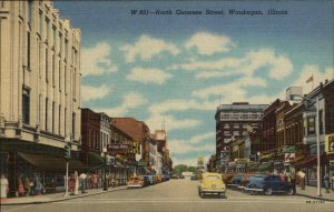 Waukegan Illinois IL North Genesee Street Classic Car Linen Postcard