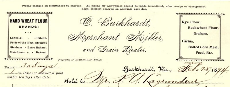 1894 BURKHARDT WISCONSIN C. BURKHARDT GRAIN DEALER BILLHEAD INVOICE Z640