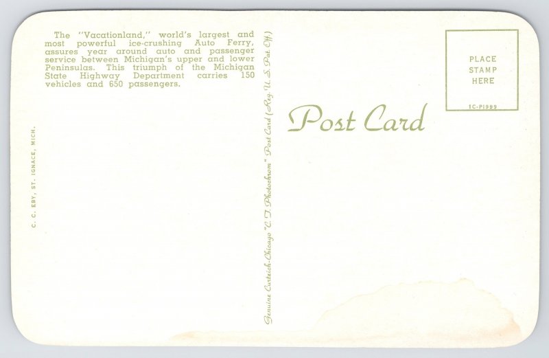 Transportation~Auto Ferry Vacationland Straits Mackinac~Vintage Postcard