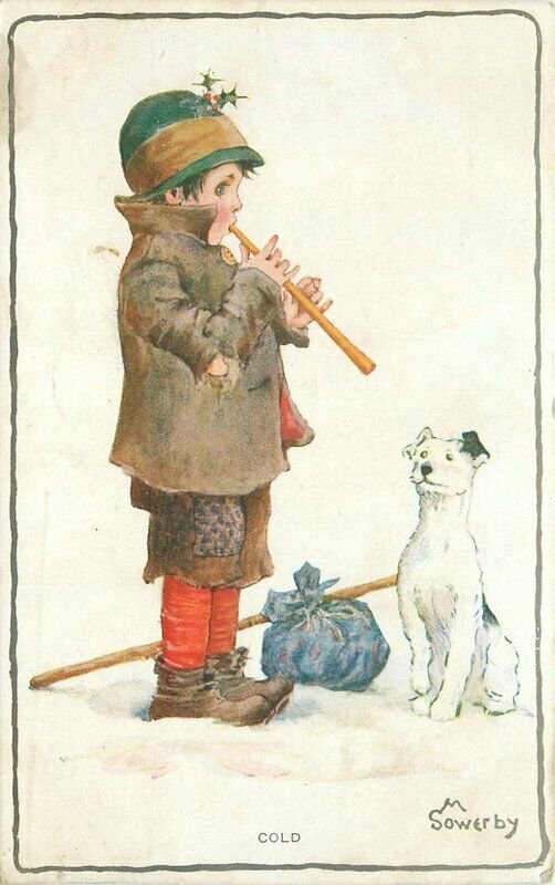 1913 Cold Hobo Boy Child Dog Flute Music Sowerby Artist Signed Postcard