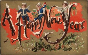 New Year Fantasy Elf Elves Fairies in Winter Hats c1910 Vintage Postcard