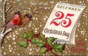 Christmas Greetings Pretty Birds on Branch Snow Calendar Page 1909 Postcard V3
