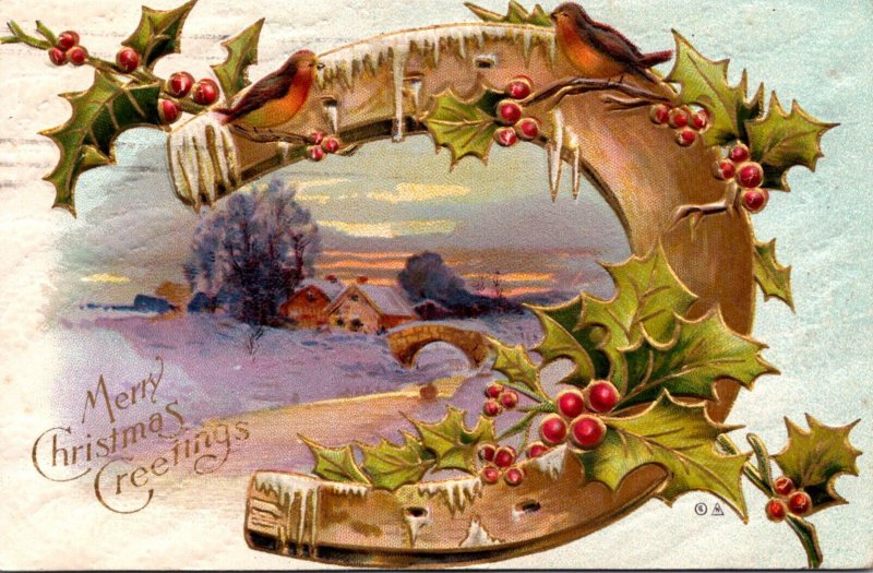 Merry Christmas Gold Horseshoe Birds and Holly 1911