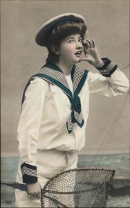 Woman in Sailor Suit Cross Dressing Drag Tinted Real Photo c1910 Postcard