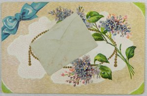 Blue Bowtie with Light Green Border - Flowers Around Letter - Vintage Postcard