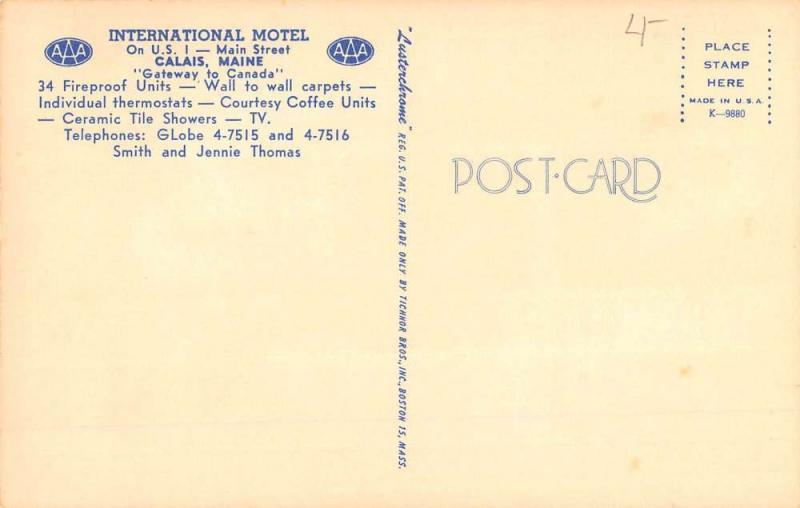 Calais Maine International Motel Street View Vintage Postcard K59782