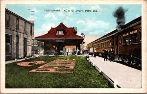 All Abourd C & O Depot Train Boarding Peru Indiana Postcard 1944