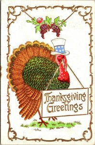 Vintage Postcard Turkey Carrying Thanksgiving Greetings Sign Grapes 1908 R2