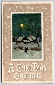 A Christmas Greeting Winter Snow Moonlight Landscape Wishes Card Postcard 