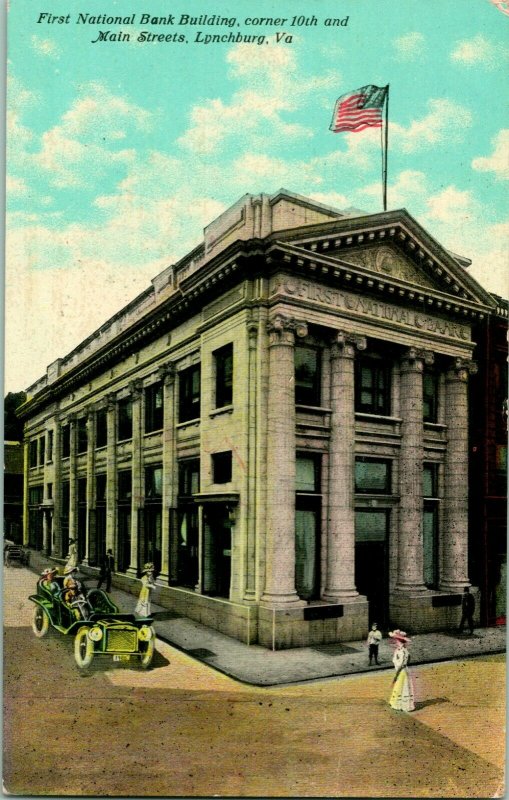 Vtg Postcard c 1910 - First National Bank Building 10th & Main St. Lynchburg VA