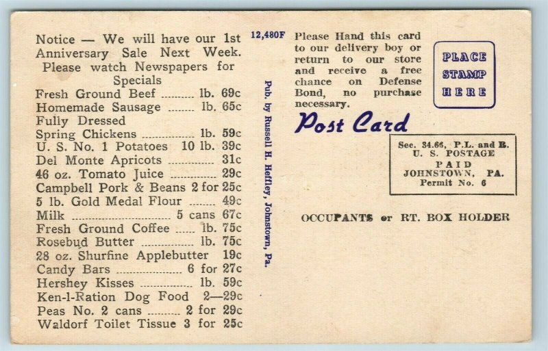 AD Postcard PA Johnstown Frank's Economy Stores Market Ice Cream Price List AC5