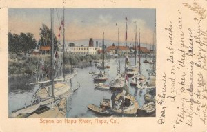 Napa River Scene, Napa, California Sailboats 1907 Vintage Hand-Colored Postcard