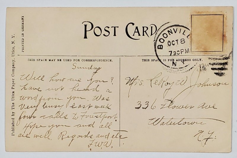 Boonville NY The Fountain at Erwin Park 1911 to Watertown Postcard G22