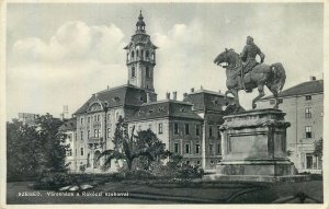 Hungary Szeged Town Hall with Rakoczi equestrian statue vintage Postcard
