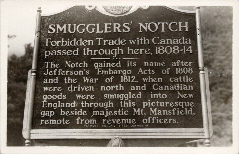 Smugglers Notch Sign Vermont VT Forbidden Trade with Canada RPPC Postcard F93