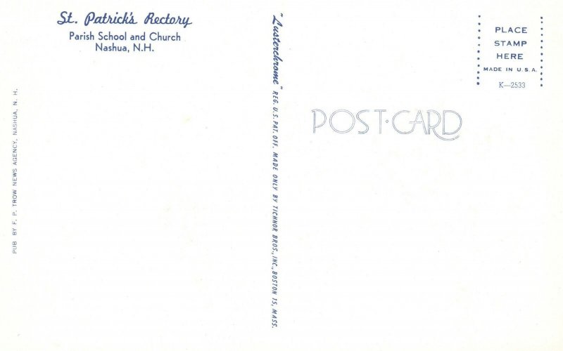 Postcard St. Patrick Rectory Parish School And Church Nashua New Hampshire NH