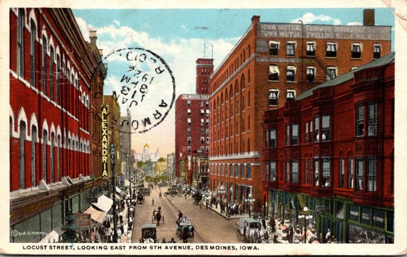 Iowa Des Moines Locust Street Looking East From 6th Avenue 1922 Curteich