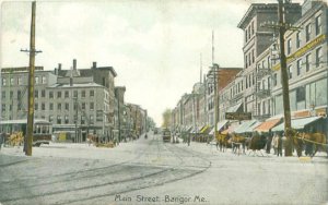 Bangor ME Main Street Litho Postcard Horse Carriages, Streetcar, People, Signs