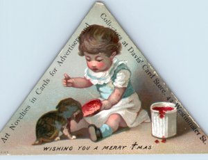 1880s Christmas Die Cut Triangle Trade Card Davis' Card Store Cute Puppy F9