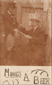 Two Men Drinking Scottish Attire Kilt Mine's A Beer RPPC Postcard G79 *as is