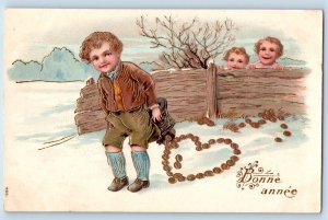 New Year Postcard Bonne Annee Boys Hiding Coins Heart Shape Winter Embossed