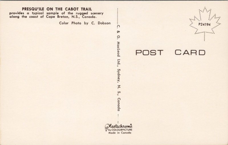 Presqu'ile on Cabot Trail Cape Breton NS Nova Scotia Unused Vintage Postcard H51