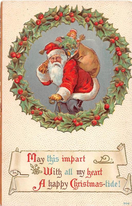 E46/ Santa Claus Merry Christmas Holiday Postcard c1910 Cane Toy Sack 13