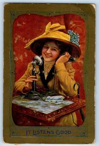 1910 Pretty Woman Big Hat Telephone It Listens Good Elkton MI Antique Postcard