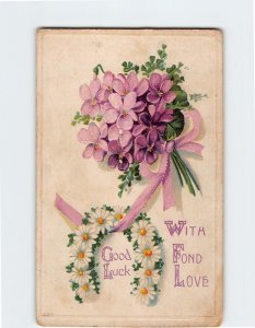 Postcard Good Luck, With Fond Love with Flowers Horseshoe Embossed Art Print