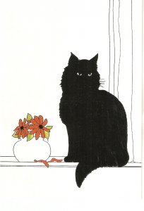 Black cat and flowers Nice modern English postcard
