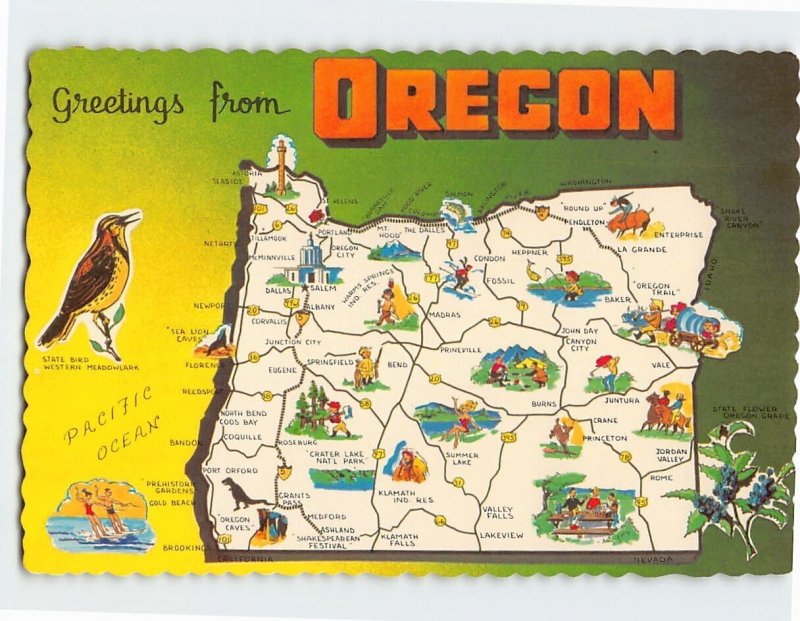 Postcard Oregon Map & Attractions Greetings from Oregon USA