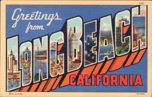 Large Letter Greetings from Long Beach California Linen Postcard Unposted PC7