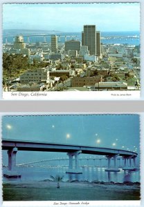 2 Postcards SAN DIEGO, California CA ~ Skyline CORONADO BRIDGE Day/Night 4x6