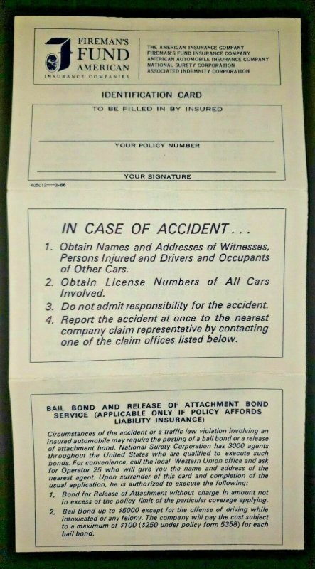 Vintage Fireman’s Fund Insurance Co. Identification Card Blank New Unused PB5