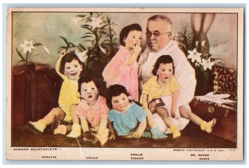 Dionne Quintuplets Postcard Cute Babies And Dr. Dafoe Marie Canada 1936 Vintage