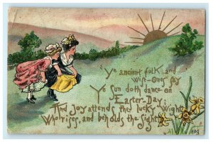 Easter Girls Dressed Running In Field HBG Germany Embossed Antique Postcard