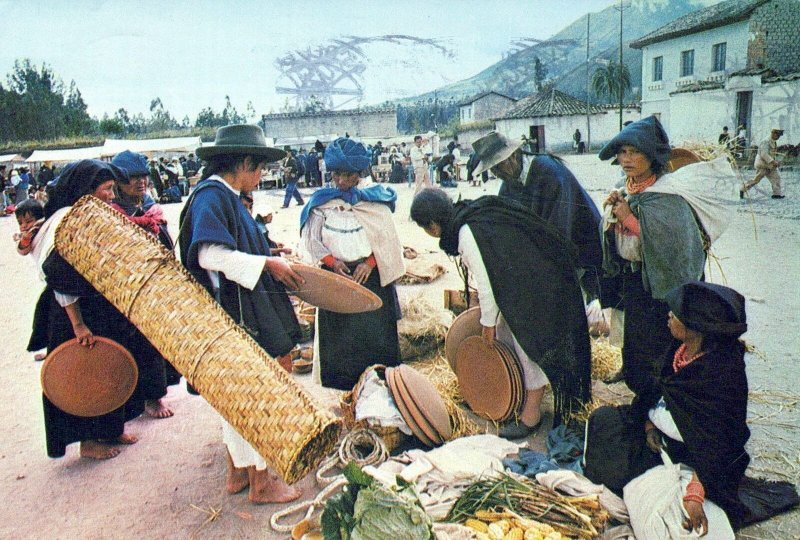 VINTAGE CONTINENTAL SIZE POSTCARD OTAVALO PEOPLE AT THE MARKET ECUADOR