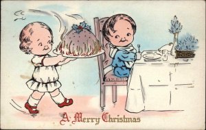 Christmas Children Dinner Table Christmas Pudding c1910 Vintage Postcard