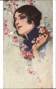 Art Deco Beautiful Woman Flowers High Collared Shirt c1910 Postcard YOBBI