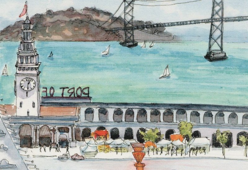 Hyat Regency Hotel San Fransisco California Sketch Painting Postcard