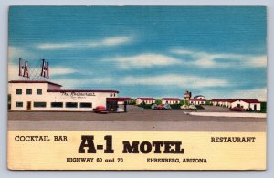 J96/ Ehrenberg Arizona Postcard Linen A-1 Motel Restaurant Hwy 60 &70 485