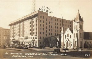 Pensacola FL St. Michaels Church & San Carlos Hotel, Real Photo Postcard